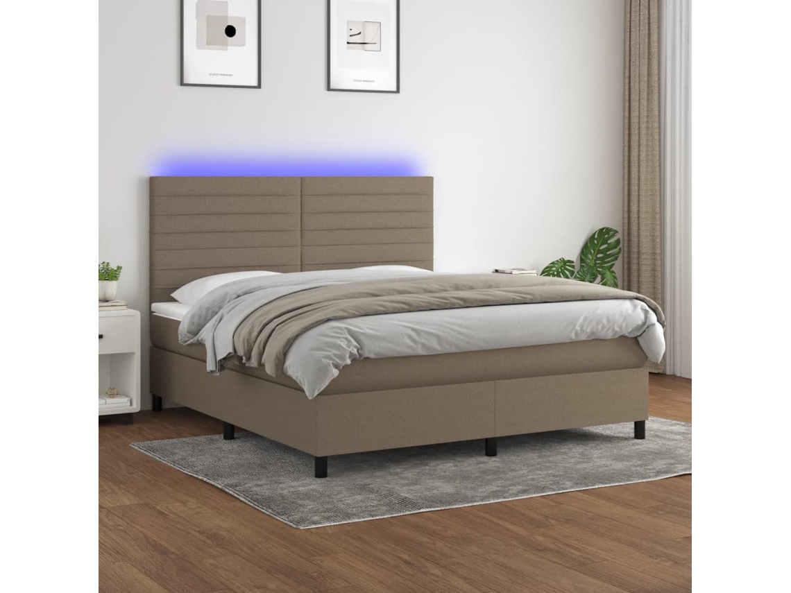 Cama Box Spring Colchón Y Luces Led Tela Gris Taupe 160x200 Cm