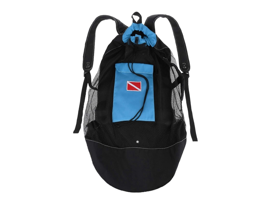 Mochila de buceo para equipo de buceo y snorkel, 80 L, tejido de malla con cordón para máscara y aletas - Negra y azul