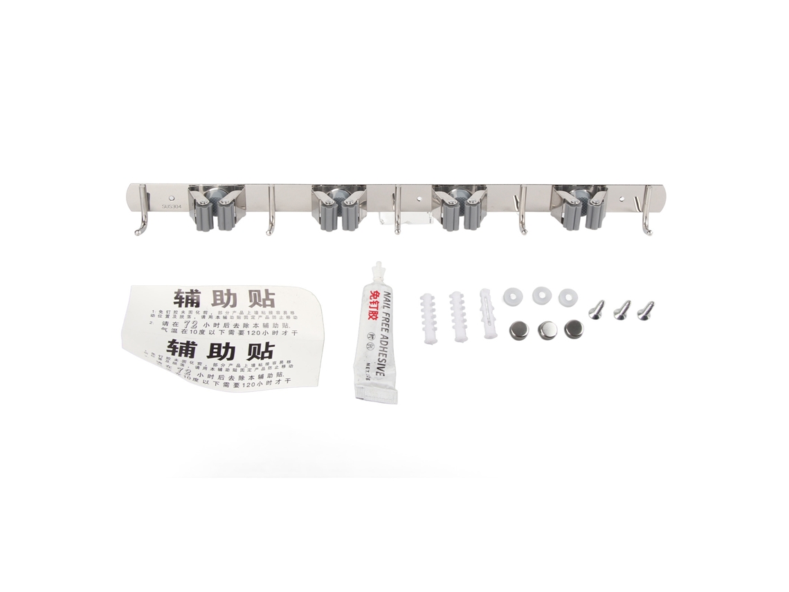 Soporte De Pared Para Escobas Y Fregonas Con 5 Ganchos Y 4 Pinzas De Acero Inoxidable.