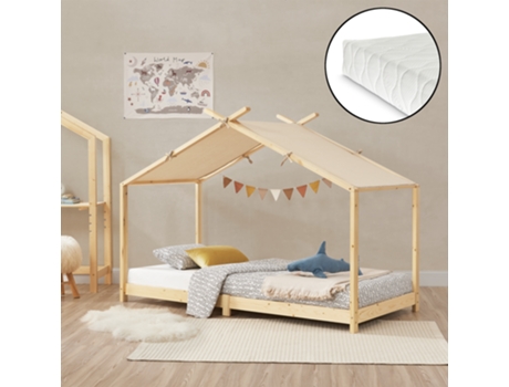 Cama para niños Brome en forma de casa con colchón y techo desmontable madera pino 90 x 200 cm - Natural y Beige [EN.CASA]