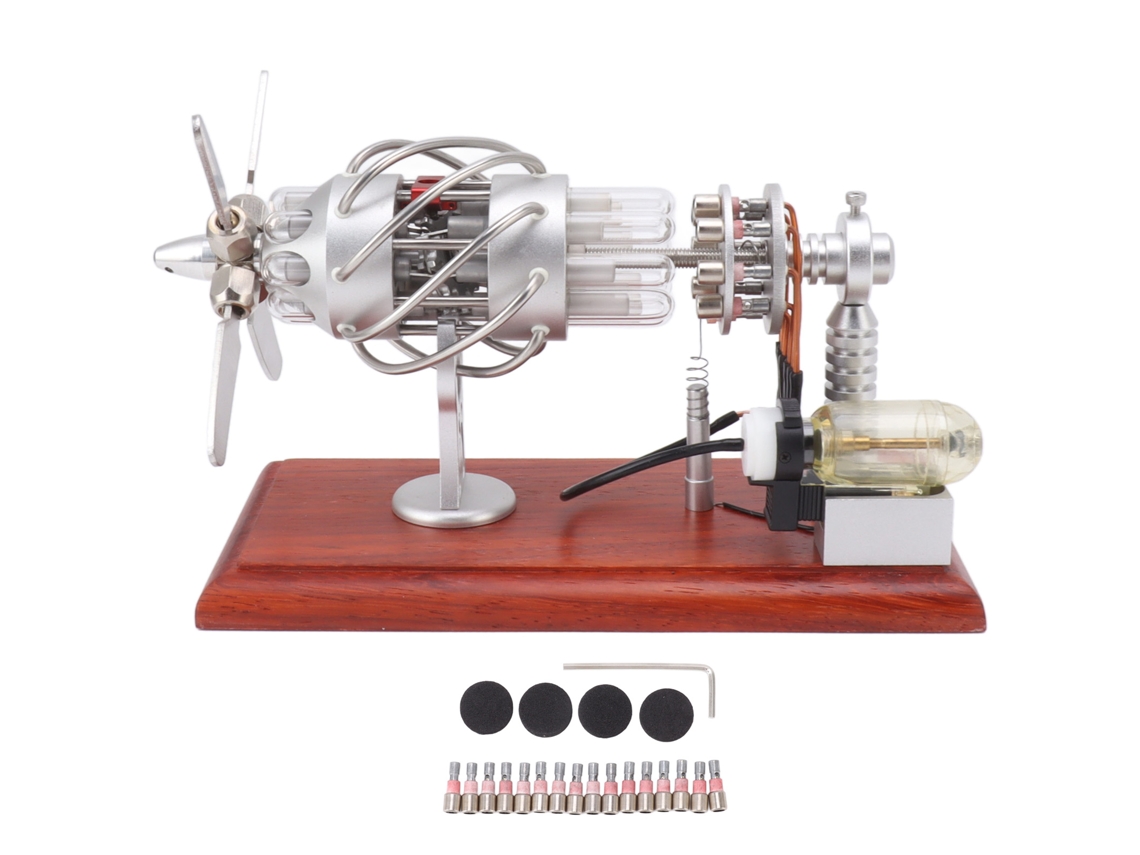 Motor Stirling de 16 cilindros, de aire caliente, con fines didácticos.