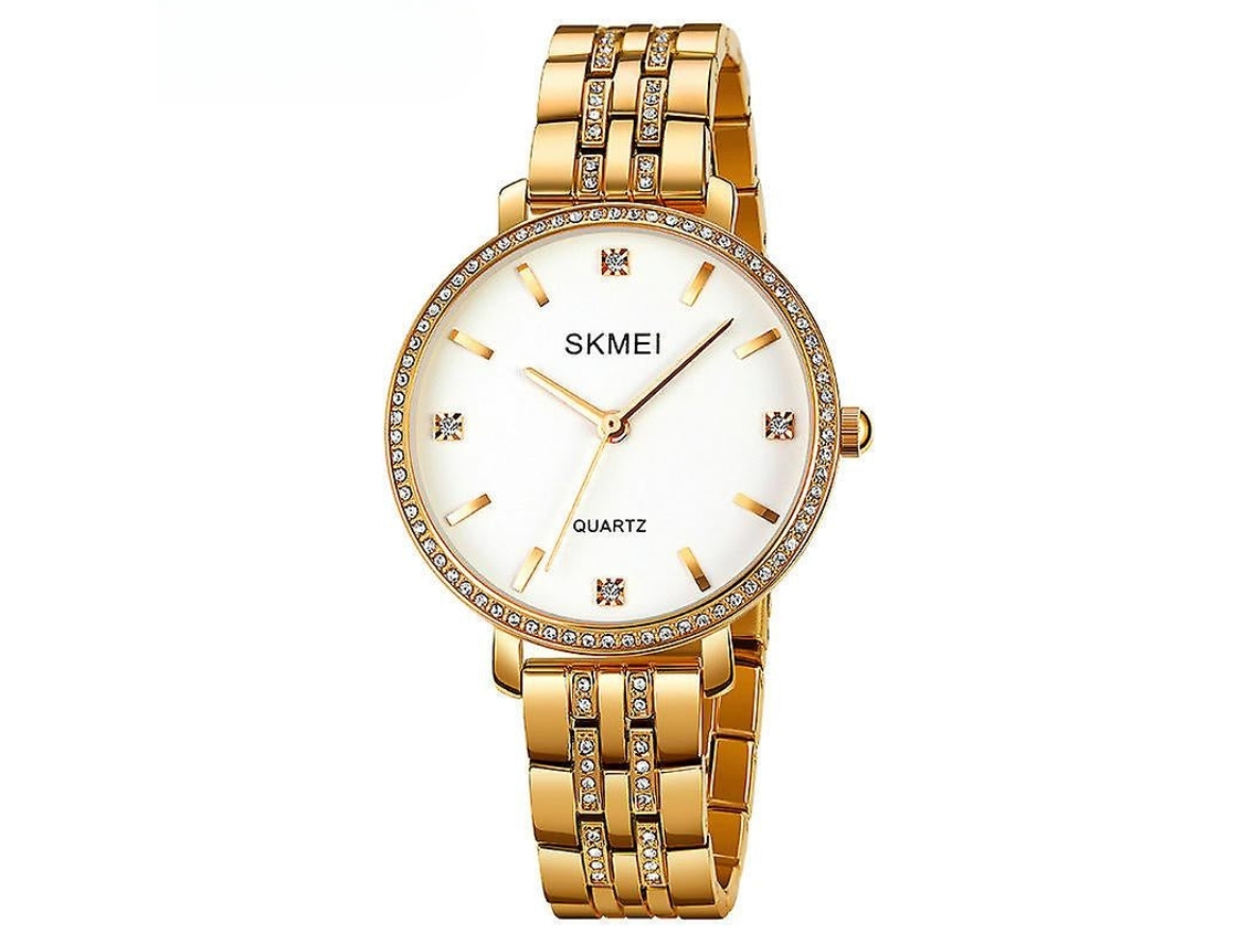 Reloj de pulsera para mujer con correa de acero inoxidable, analógico, de cuarzo, con carcasa de diamantes, esfera dorada y blanca