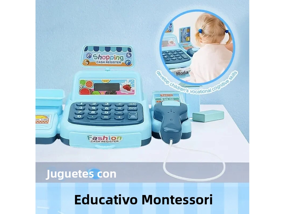 Caja registradora de juguete electrónica, modelo de simulación de compras para supermercado, caja registradora para niños (azul)
