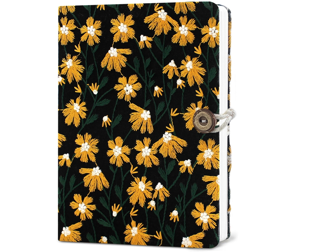 Cuaderno de punto bordado en blanco con estampado de margaritas y marcapáginas (tamaño A, A5)