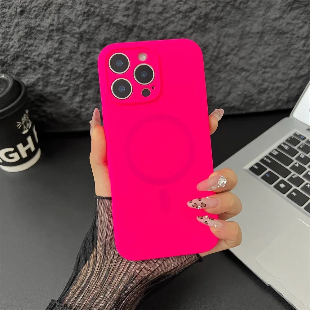 (iphone 15 Pro, Rojo Rosa) Funda Protectora Magnética De Silicona Líquida Magsafe Para Iphone, Protección De Lente.
