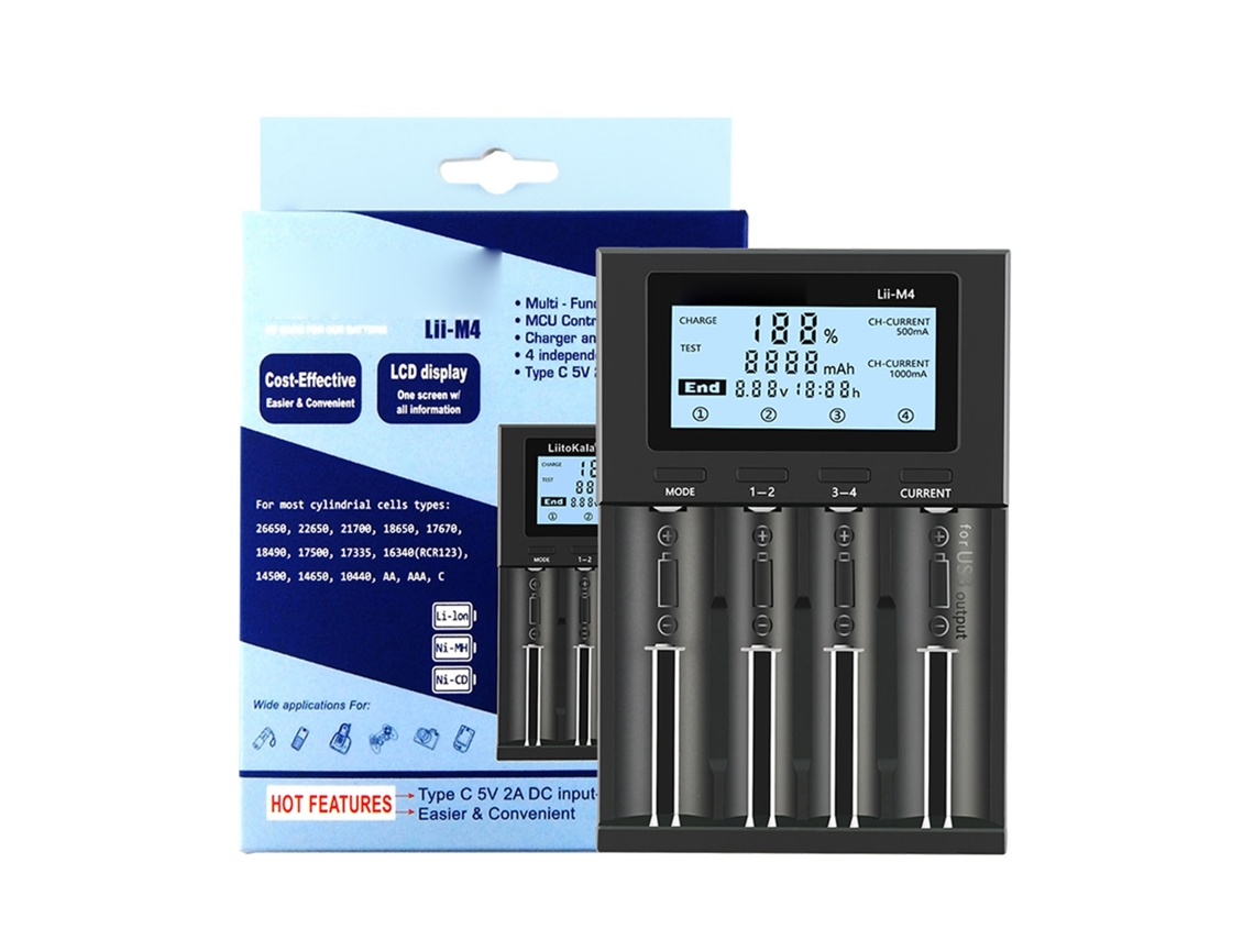 Cargador De Baterías Liitokala Lii-m4 De 4 Ranuras Con Pantalla Lcd Para Baterías De Litio, Nimh, 26650, 14500, Aa Y Aaa.