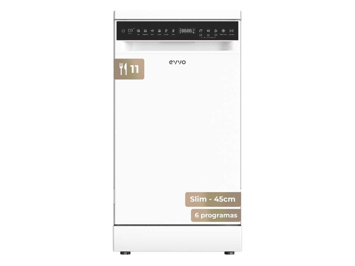 Lavavajillas Evvo Slim D3y 45cm Instalación gratuita 11 cubitos, 6 programas, panel táctil, blanco