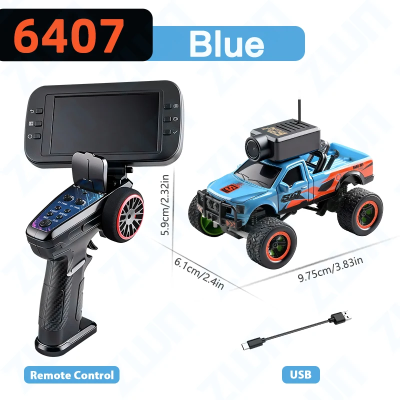 (azul) Mini Coche Teledirigido, Escala 1:64, Giroscopio 2.4g, Tracción A Las Cuatro Ruedas, Cámara Fpv.