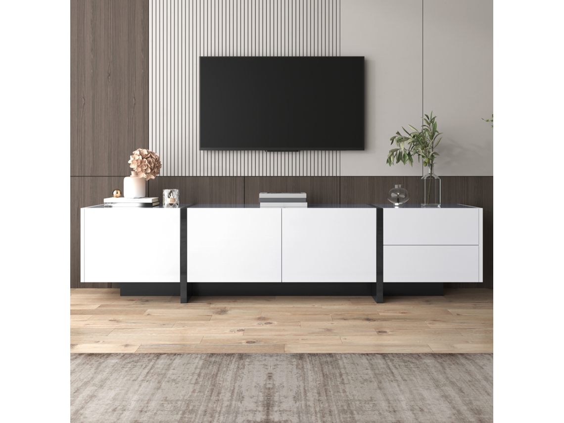 Mueble Para Tv Blanco Brillante Y Negro, 190x35x45 Cm, 3 Puertas Con Estantes, 2 Cajones, Diseño Bloque De Colores, Para Pantalla Grande