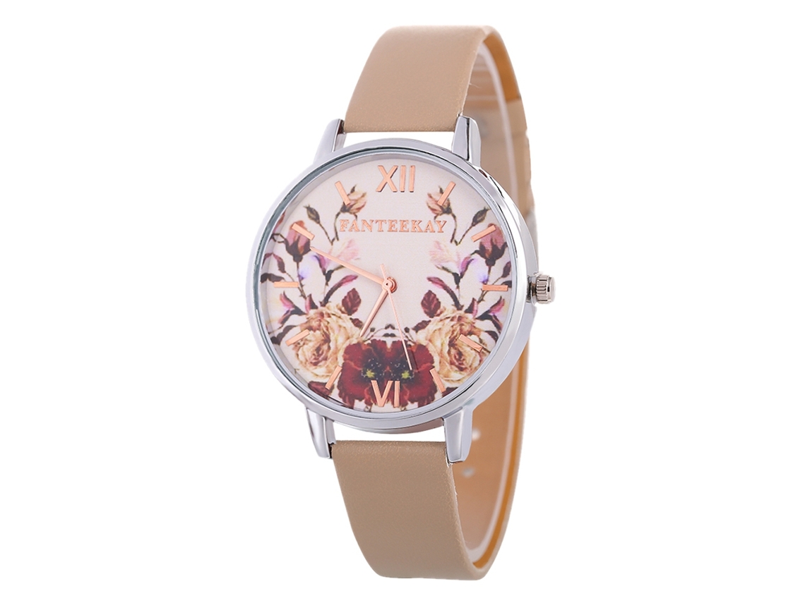Reloj De Pulsera Informal De Estilo Coreano Para Mujer Con Correa De Cuero Beige.