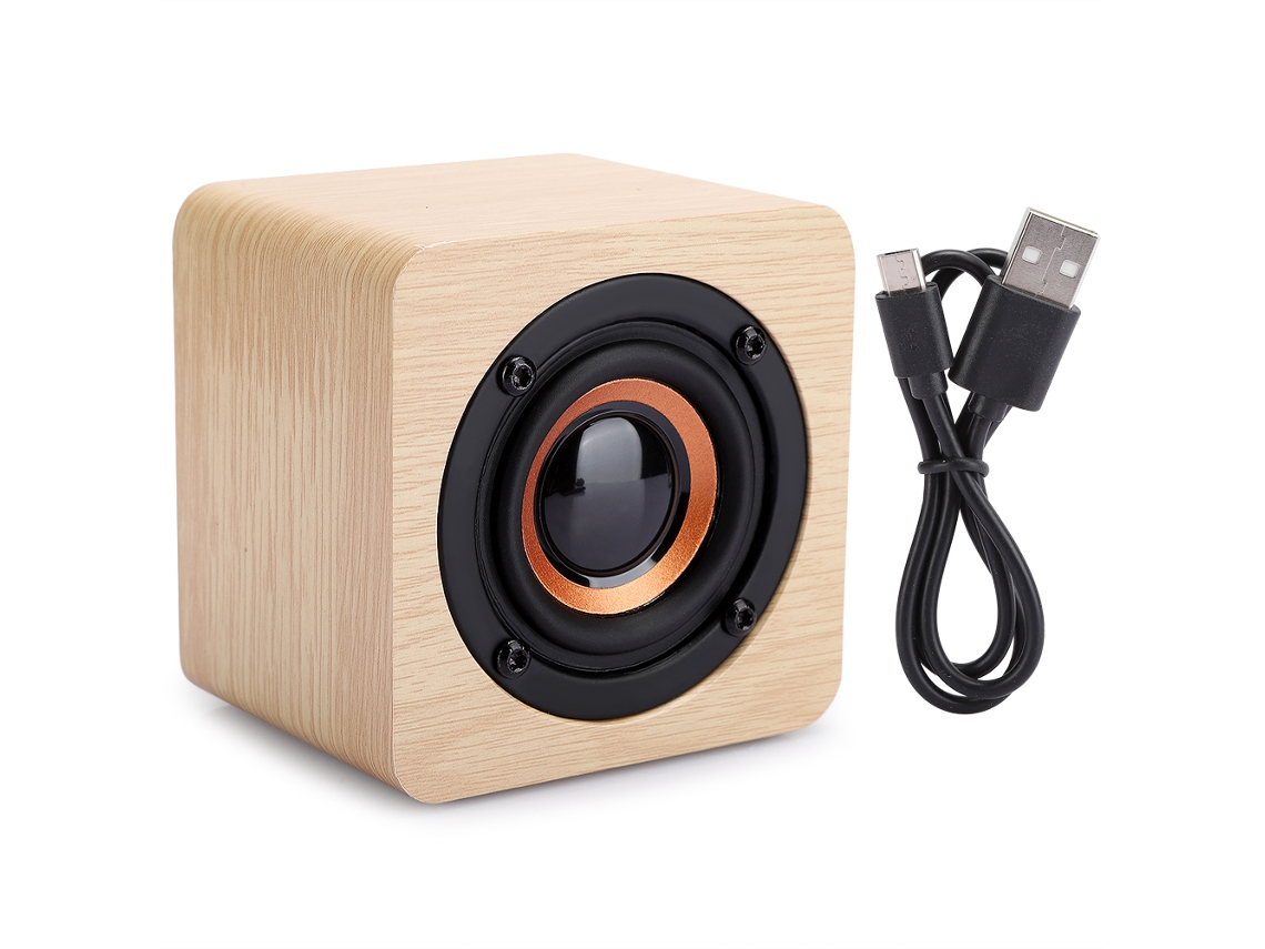 Altavoz Bluetooth Inalámbrico Portátil, Pequeño Cubo De Madera, Amarillo, Con Carga Usb.