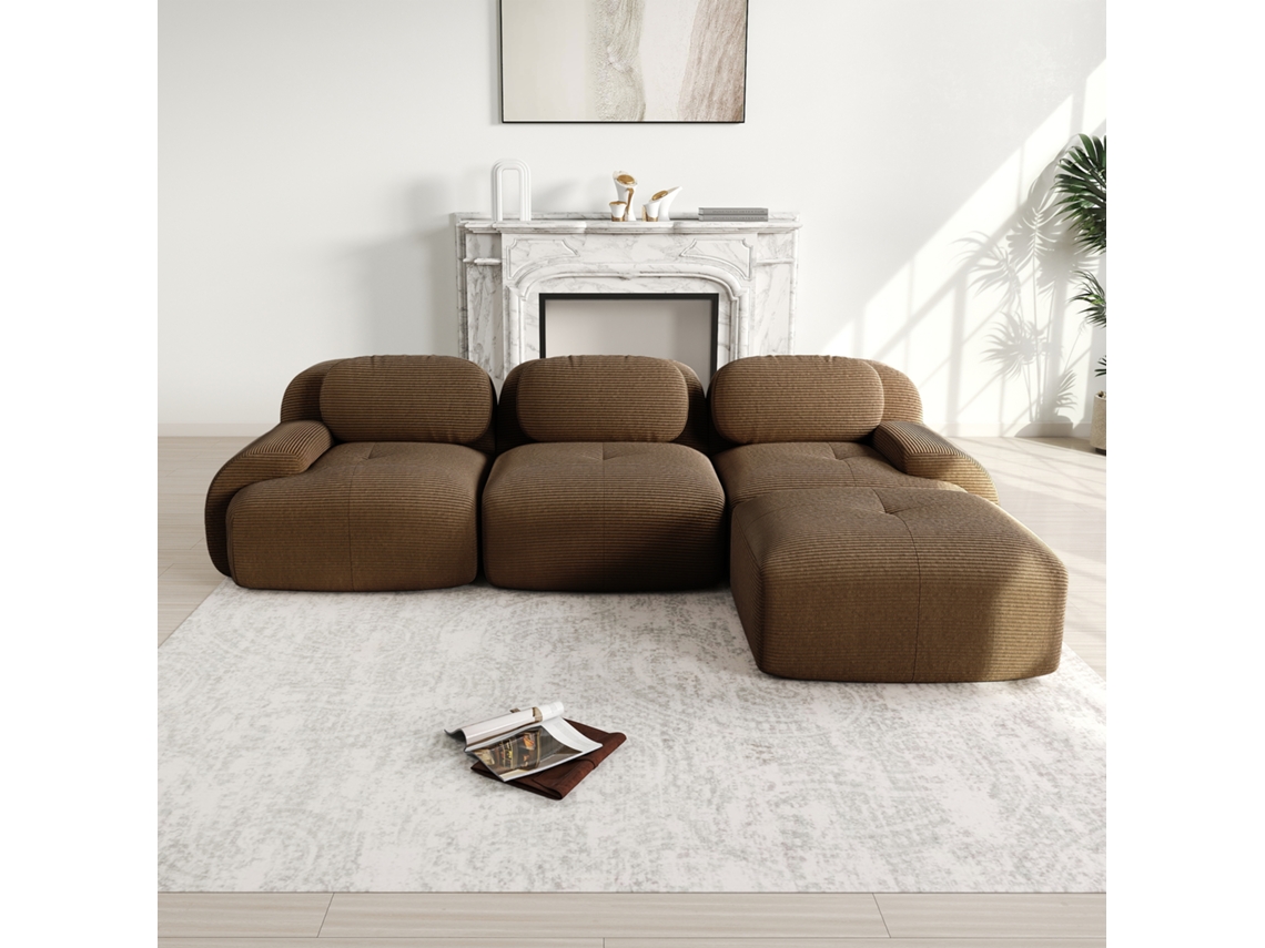 Sofá esquinero modular de 3 plazas, acolchado, ergonómico, apto para mascotas, marrón, MOBRIO