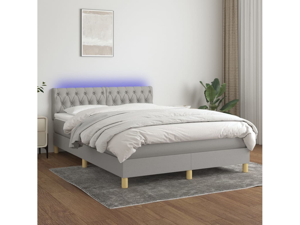 Cama box spring colchón y luces LED tela gris claro 140x200 cm