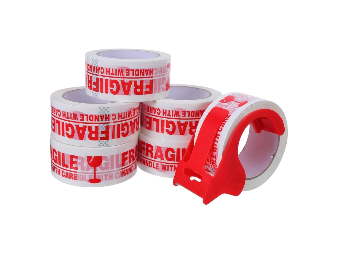 Paquete De 6 Rollos De Cinta Adhesiva Frágil Con Dispensador, Color Rojo.
