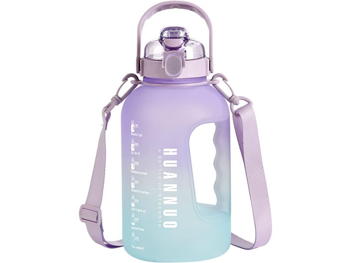Botella de agua Rebe de 2,2 litros, libre de BPA, con pajita y marcadores de tiempo en degradado morado y azul.