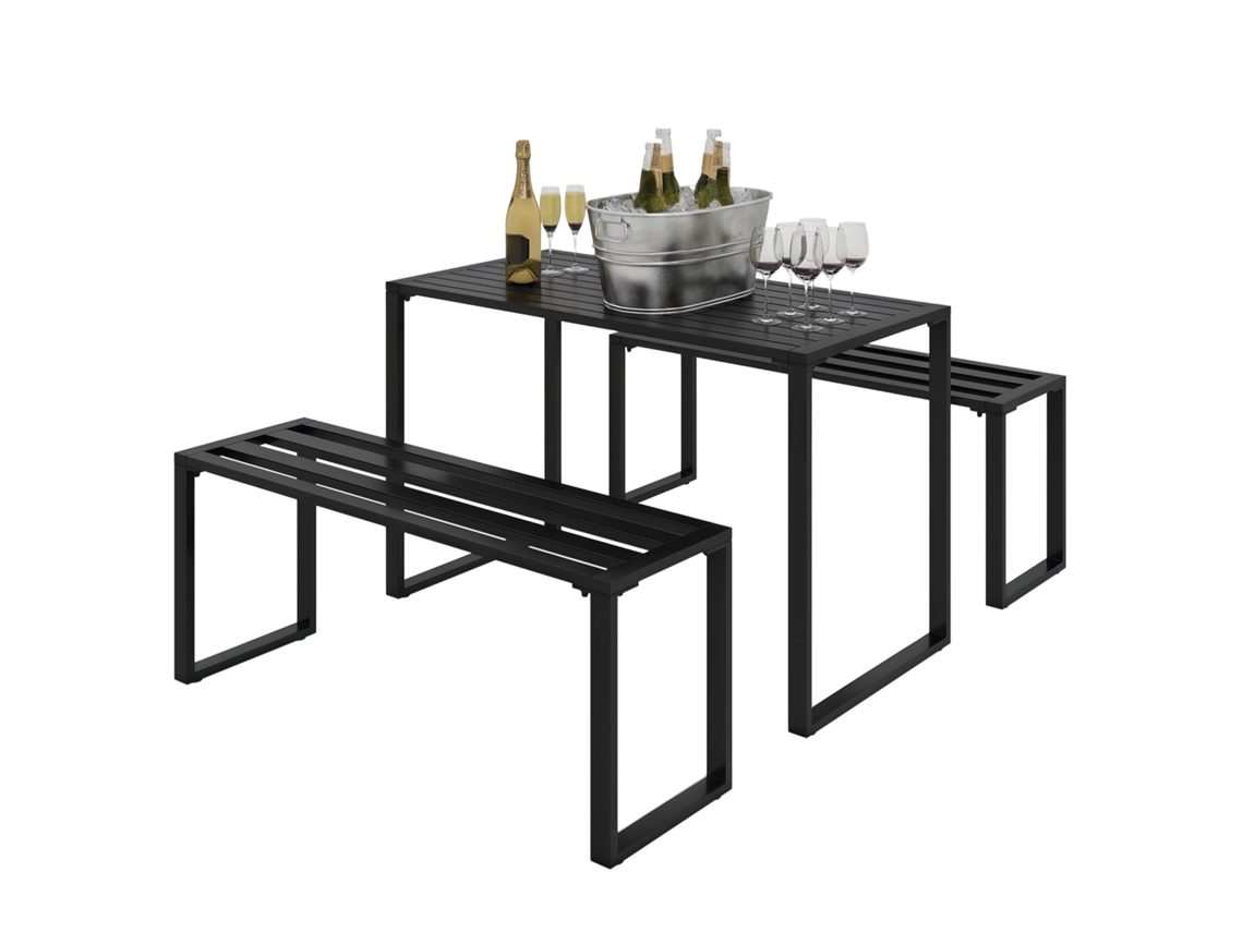 Conjunto Jardín 4 Pers 1 Mesa 2 Bancos Metal Negro