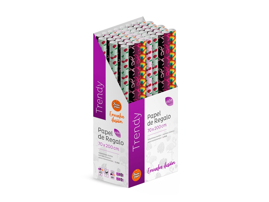Pack 50 Rollos Papel Regalo Trendy 2m X 70cm Diseño Moderno, Caja Expositora, Estilo Actual, Resistente, Listo Para Tienda, Regalos Eventos Tiendas Comercios - Fp Fiesta Paper