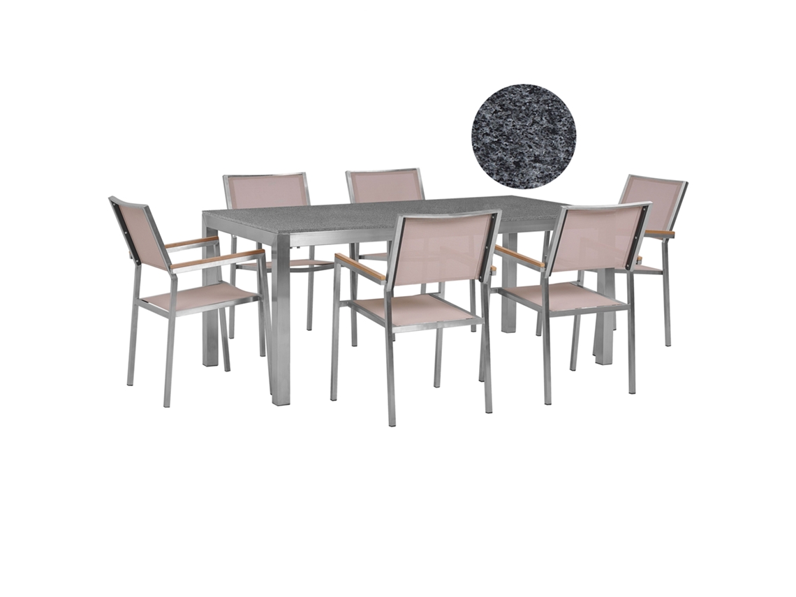Conjunto de jardín mesa con tablero de piedra natural 180 cm con 6 sillas beige BELIANI Grosseto