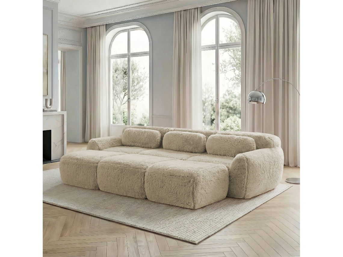 Sofá Modular + 3 Plazas - Felpa Suave, 3 Otomanes, Sofá Cama Cómodo - Khaki Claro