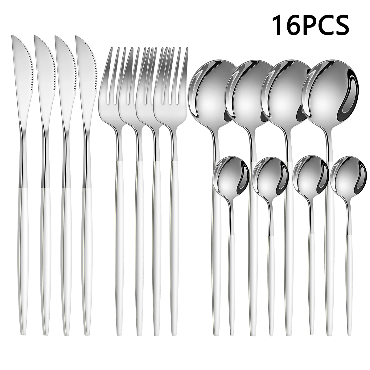 Juego de cubiertos de acero inoxidable, incluye cuchillo, tenedor y cuchara para carne estilo occidental. MDUG (16 piezas, blanco plateado)