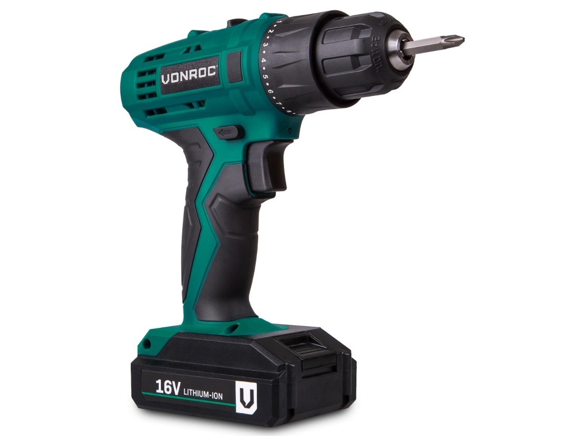 Herramientas Eléctricas VONROC Taladro Inalámbrico de 16V 1 5Ah Incl Batería, Cargador Rápido y 2 Brocas de Atornillar