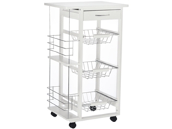 Carrito De Servicio De Cocina Con Ruedas, Almacenamiento Múltiple, 3 Cestas Metálicas, Cajón + 2 Botelleros, Madera De Pino Blanco.