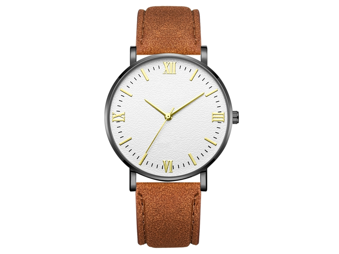 Reloj De Pulsera Mecánico De Cuarzo Con Correa Café Caja Negra Dial Blanco Manos Doradas