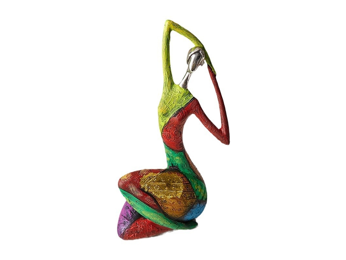 Figura de resina que representa a una mujer practicando yoga, pintura al óleo de figura femenina en resina.