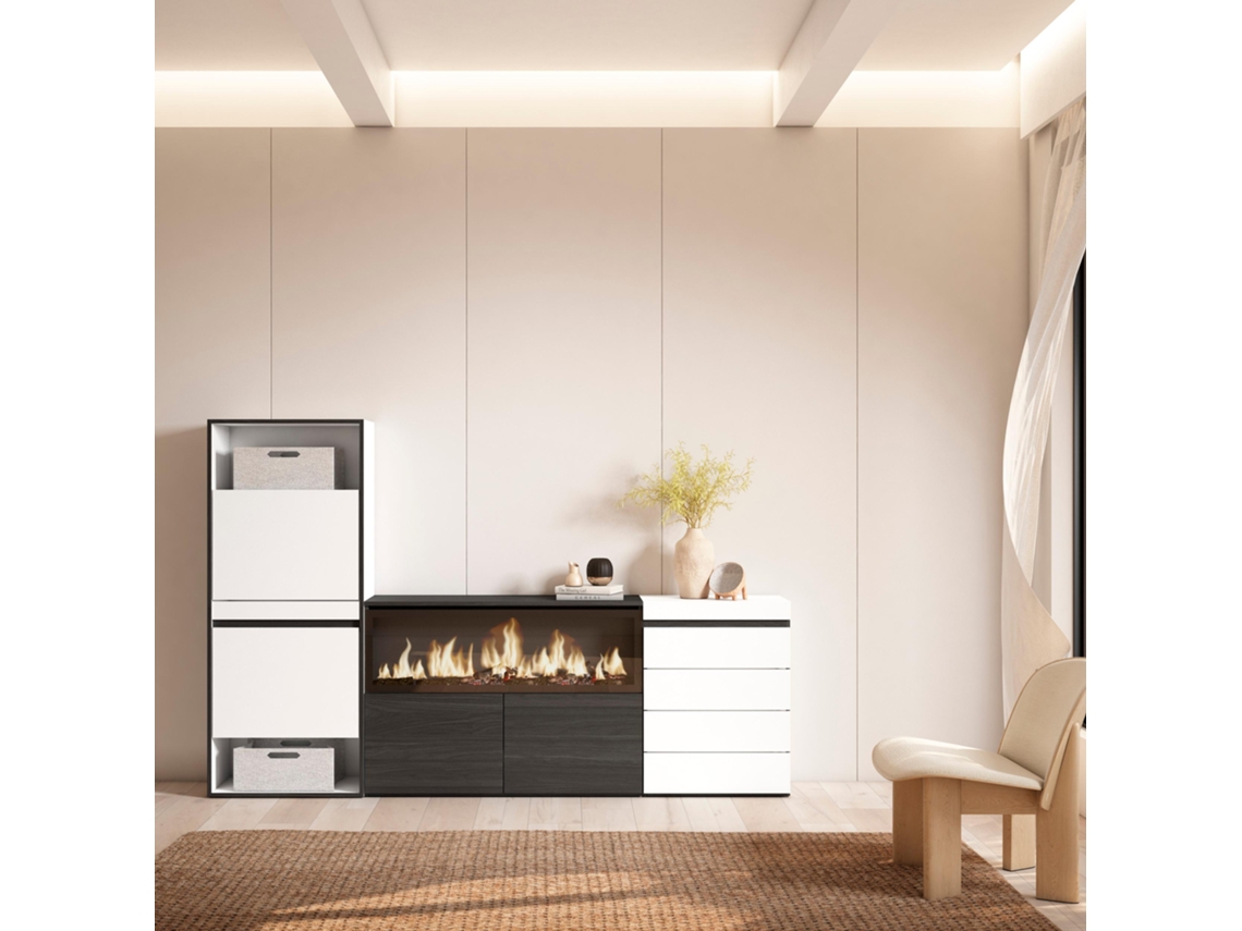 Zapatero, 224x145x35 cm, Dormitorio, habitación, Chimenea eléctrica XXL, Cómoda, Cajonera, Blanco SKRAUT HOME