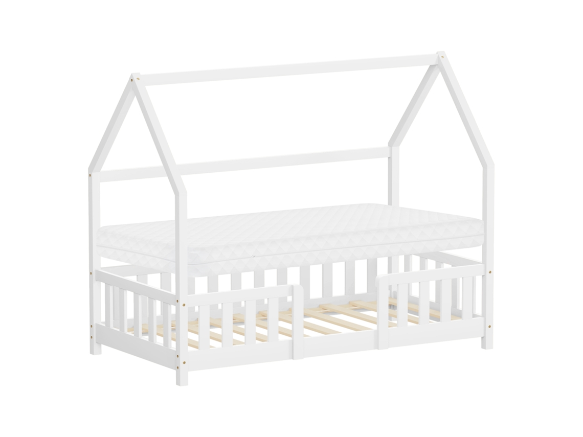 Cama Infantil Ml-design 80x160 Cm Blanco Forma De Casa Con Colchón, Anticaída Y Somier