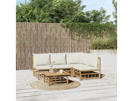 Conjunto 5 de muebles de jardín VIDAXL bambú y cojines blanco crema