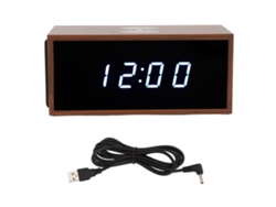 Reloj Despertador Digital Led Con Cargador Inalámbrico Y Altavoz Bluetooth, Mdf Pvc Marrón