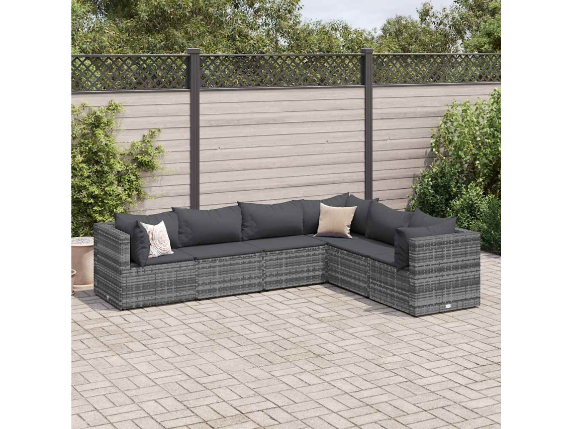Conjunto de jardín de 6 piezas con cojines, ratán gris, DKD Home Decor