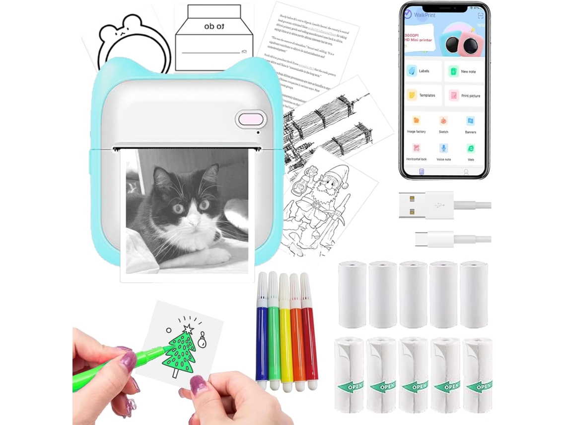 Impresora Térmica de Pegatinas Portátil Sin Tinta, Compatible con iOS y Android, con 10 Rollos de Papel y 5 Bolígrafos Azules SIURN