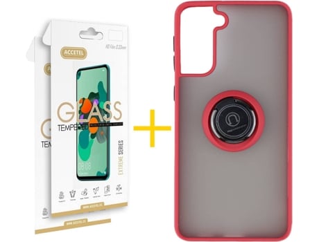 Carcasa y 2 Protectores de Pantalla de Vidrio Samsung S21 Plus ACCETEL Gel Bumper Ring Rojo