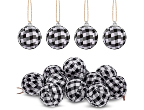12 piezas de adorno de bola de tela a cuadros de búfalo para casa de campo, adornos decorativos de bolas a cuadros, adorno colgante, blanco y negro