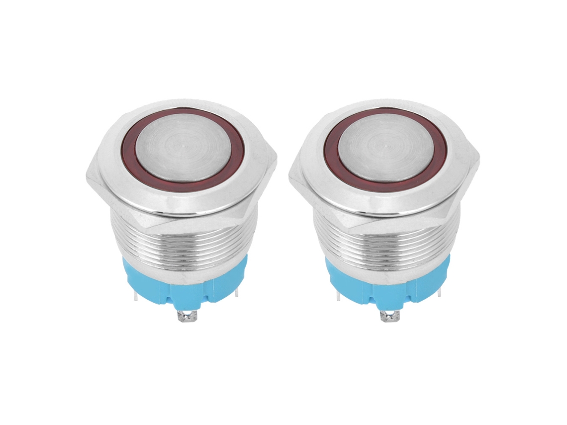 2 interruptores pulsadores con luz, 4 pines, 12-24 V CC, 19 mm, acero inoxidable, impermeables, con reinicio automático.