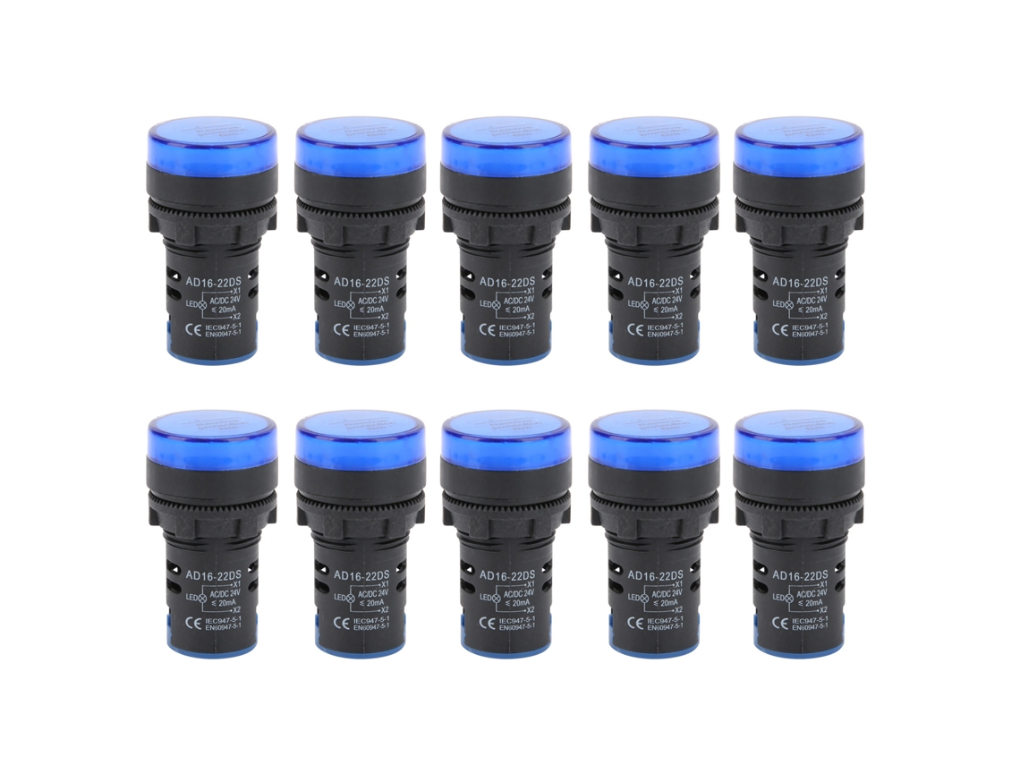 10 Unidades De Luz Indicadora Led Azul Ad16-22ds, Indicador De Equipo De Alto Brillo, Ac/dc 24v