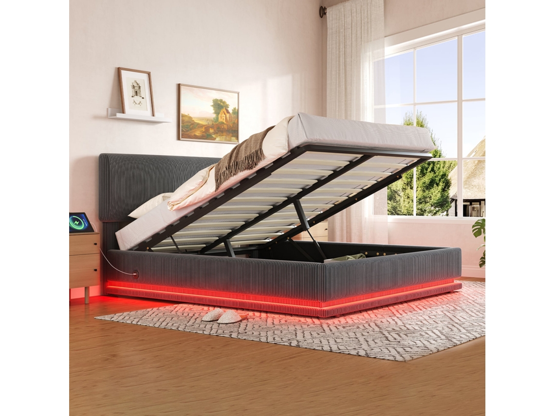 Cama Tapizada De 160x200 Cm Con Cabecero De Terciopelo Gris, Led Y Usb-c.