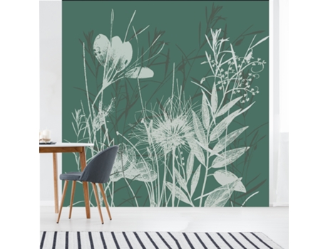 Mural de Pared PLAGE Murales Papel Introductorio Patrones de Pradera en Forma de Ilustración sobre Fondo Verde Oscuro 250 cm X 250 cm