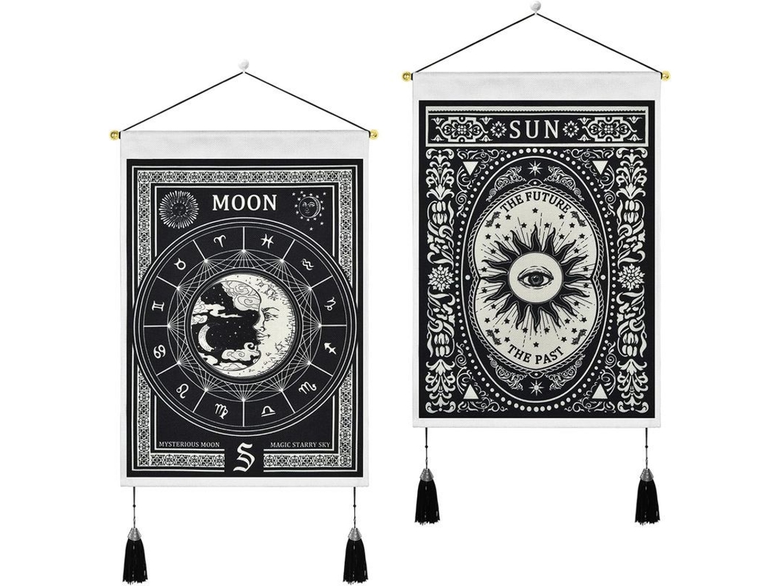 Manta De Pared Tarot Sol Y Luna Tapestry Medieval De 2 Piezas 35x50 Cm Artístico Decoración Negra Con Borlas