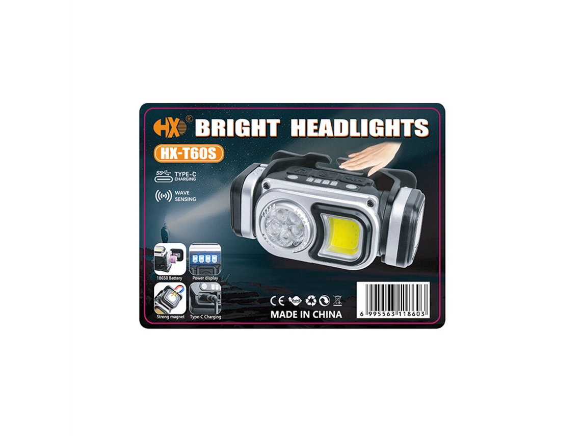 Lanterna De Cabeça Portátil E Recarregável T90sbikight Mini Cob/led Com Sensor Bateria 18650 Integrada Ideal Para Camping Pesca E Camping