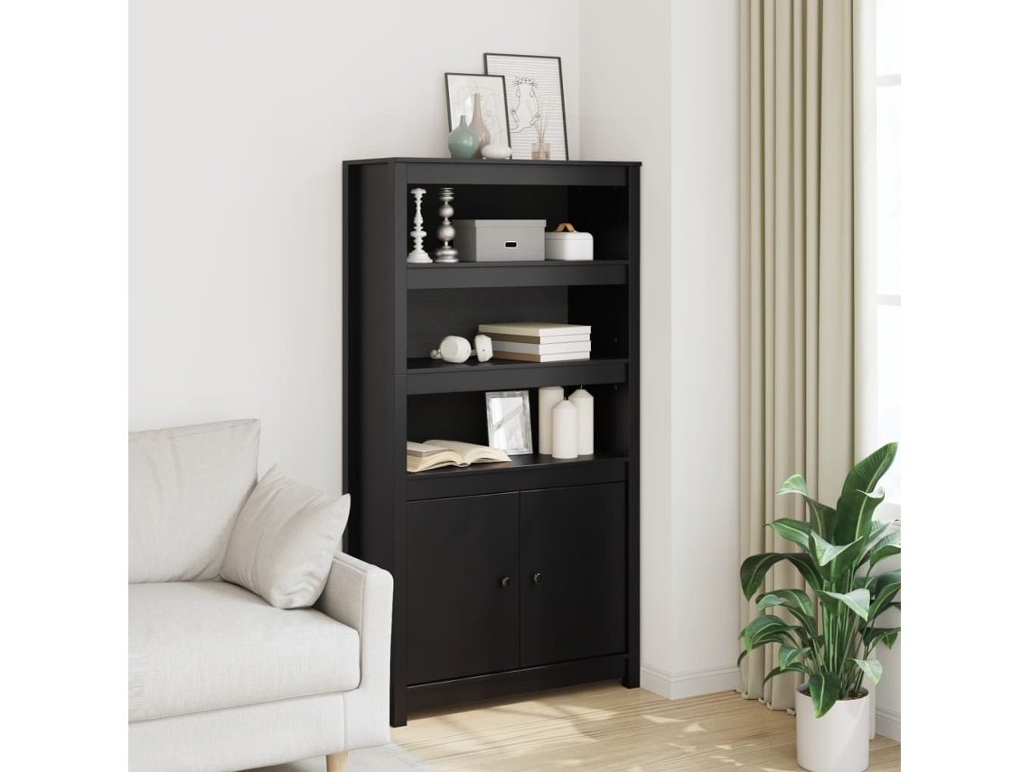 Aparador Alto Madera Maciza De Pino Negro 80x35x154 Cm
