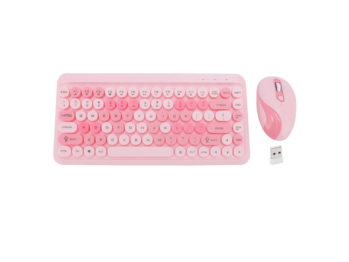 Teclado E Mouse Sem Fio 2.4g Com Teclas Redondas Retrô Rosa Para Casa