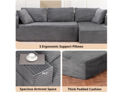 Sofá modular de 265 cm, en forma de L con brazos anchos, tela Bombazine, chaise longue, no requiere ensamblaje. Comhoma