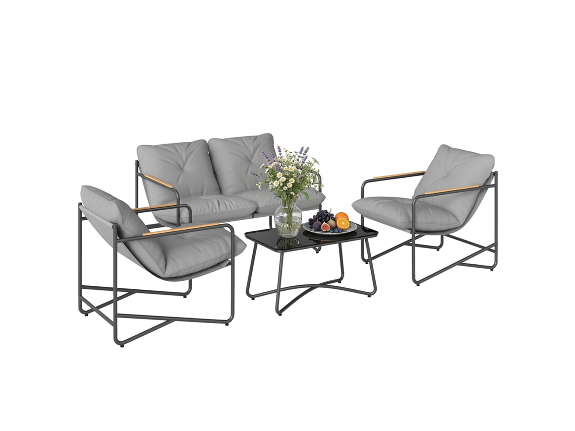 Conjunto Jardín 4 Piezas, Sofá, Sillones, Mesa Cristal Templado, 113.8x73.5x67cm