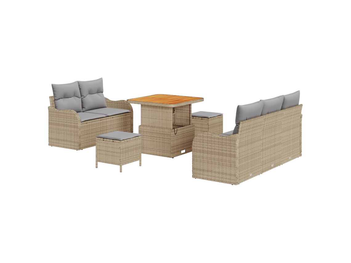 Conjunto de sofá de jardín Vidaxl de 8 piezas con cojines, ratán polimérico beige, mimbre beige acacia, PE