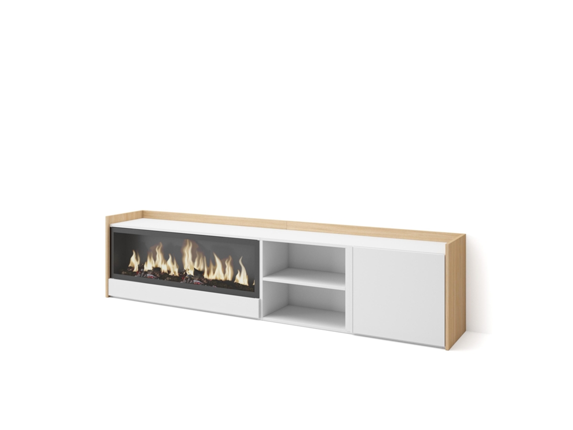Mueble Tv, Televisión, 212x35x50cm, Para Tv Hasta 80", Chimenea Eléctrica Xxl, Blanco Y Roble Soft