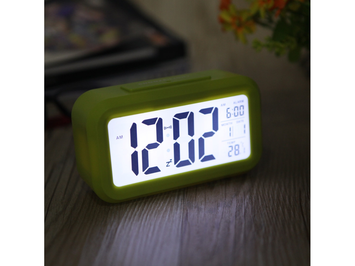 Reloj Despertador Digital Led Con Sensor De Repetición, Luz Lcd, Hora, Fecha, Temperatura, Verde.