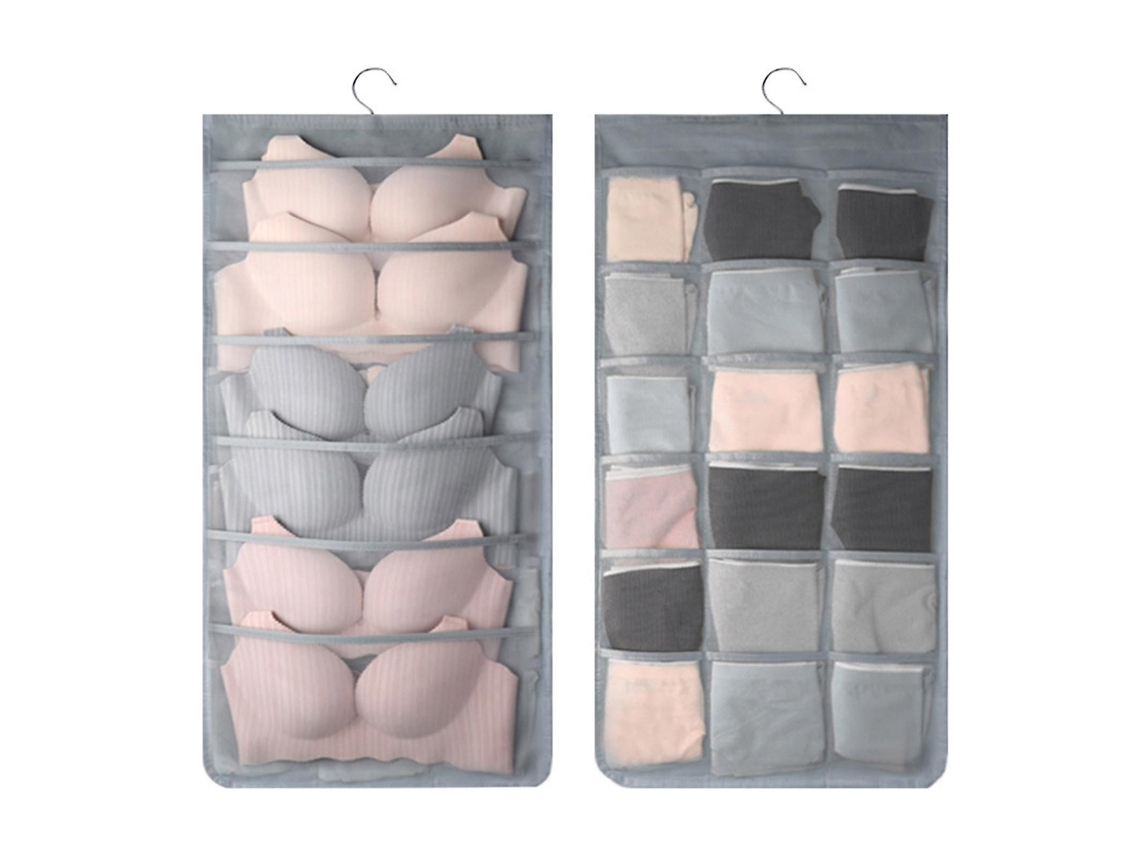 Organizador de ropa interior de doble cara para colgar sujetadores, bragas, calcetines y bolsa de almacenamiento gris.